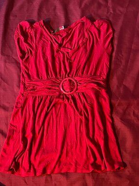 Red belted cap-sleeve peplum  dressy top with o-ring buckle for woman size L